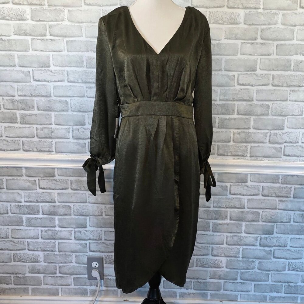 Mia Joy Marcella Olive Satin Faux Wrap Dress Elegant NEW M Party Classic Midi